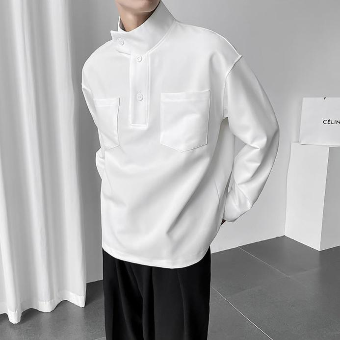 30代メンズ必見】スタンドカラープルオーバーワークシャツ｜春秋の品