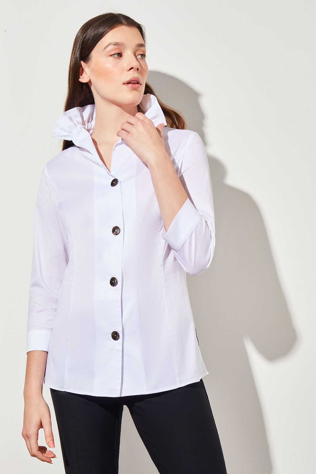 Ruffle Neck Button-Front Stretch Cotton Blouse | Ming Wang