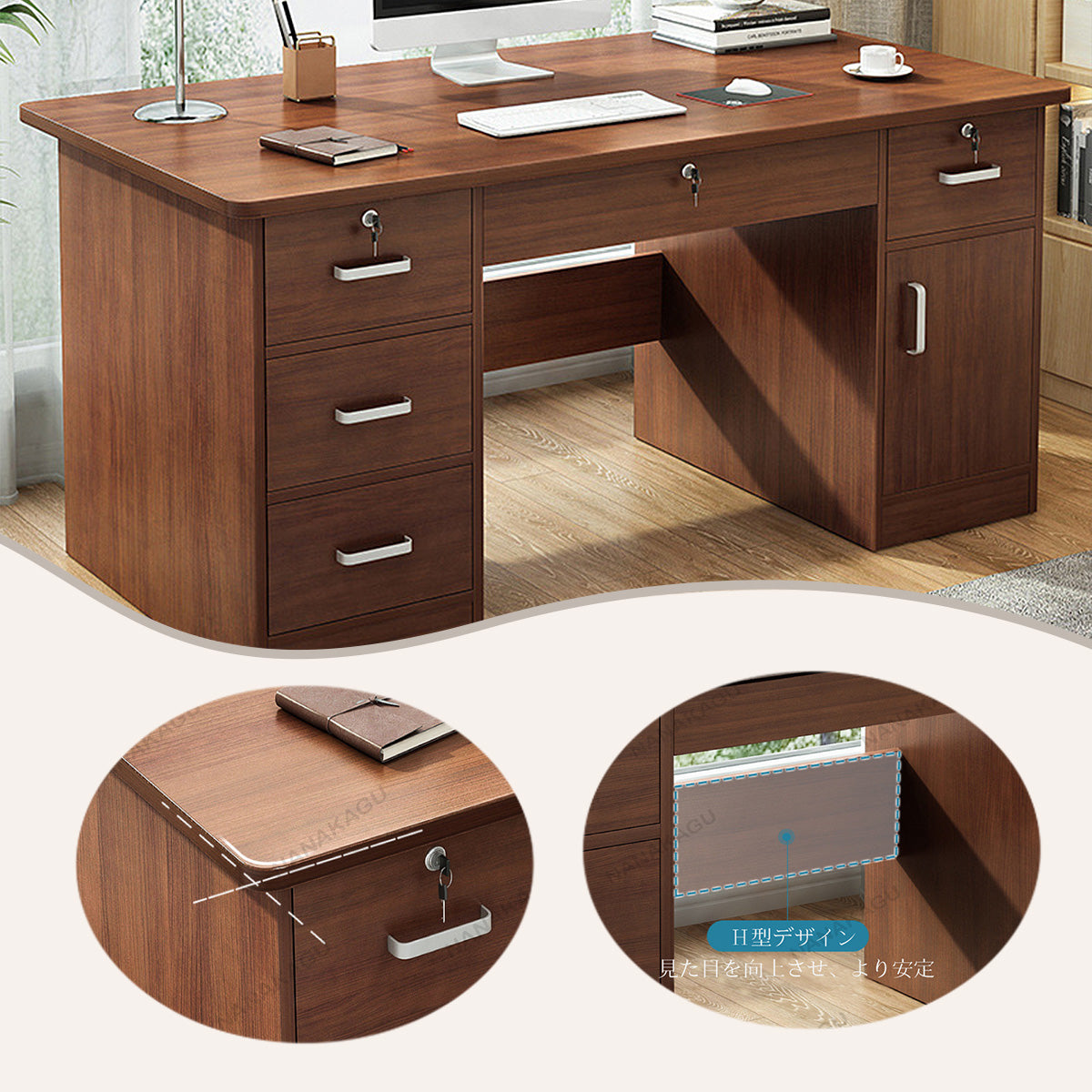 オフィスデスク,両袖デスク,事務机,キーボードトレイ,鍵付き,機能性
