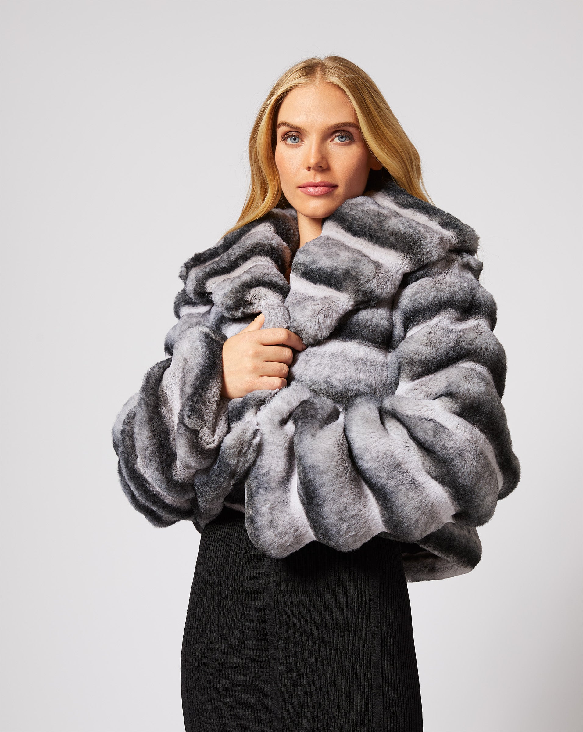Adrienne Landau Gray Faux Chinchilla Fur Jacket with Shawl Collar