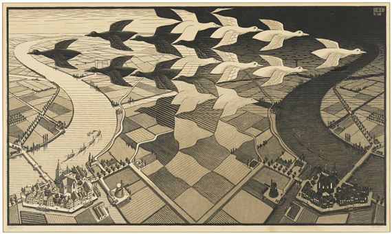 マウリッツ・コルネリス・エッシャー 木版画 サイン 《昼と夜》