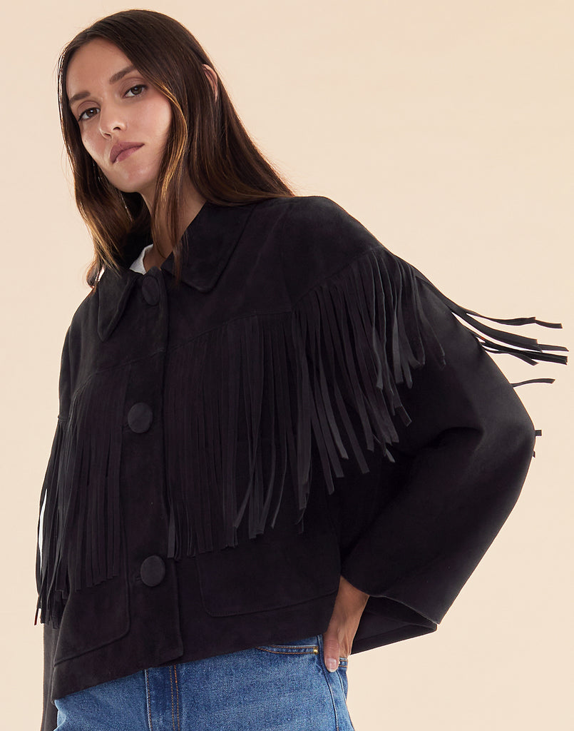 Carrie Cropped Fringe Suede Jacket – Cynthia Rowley
