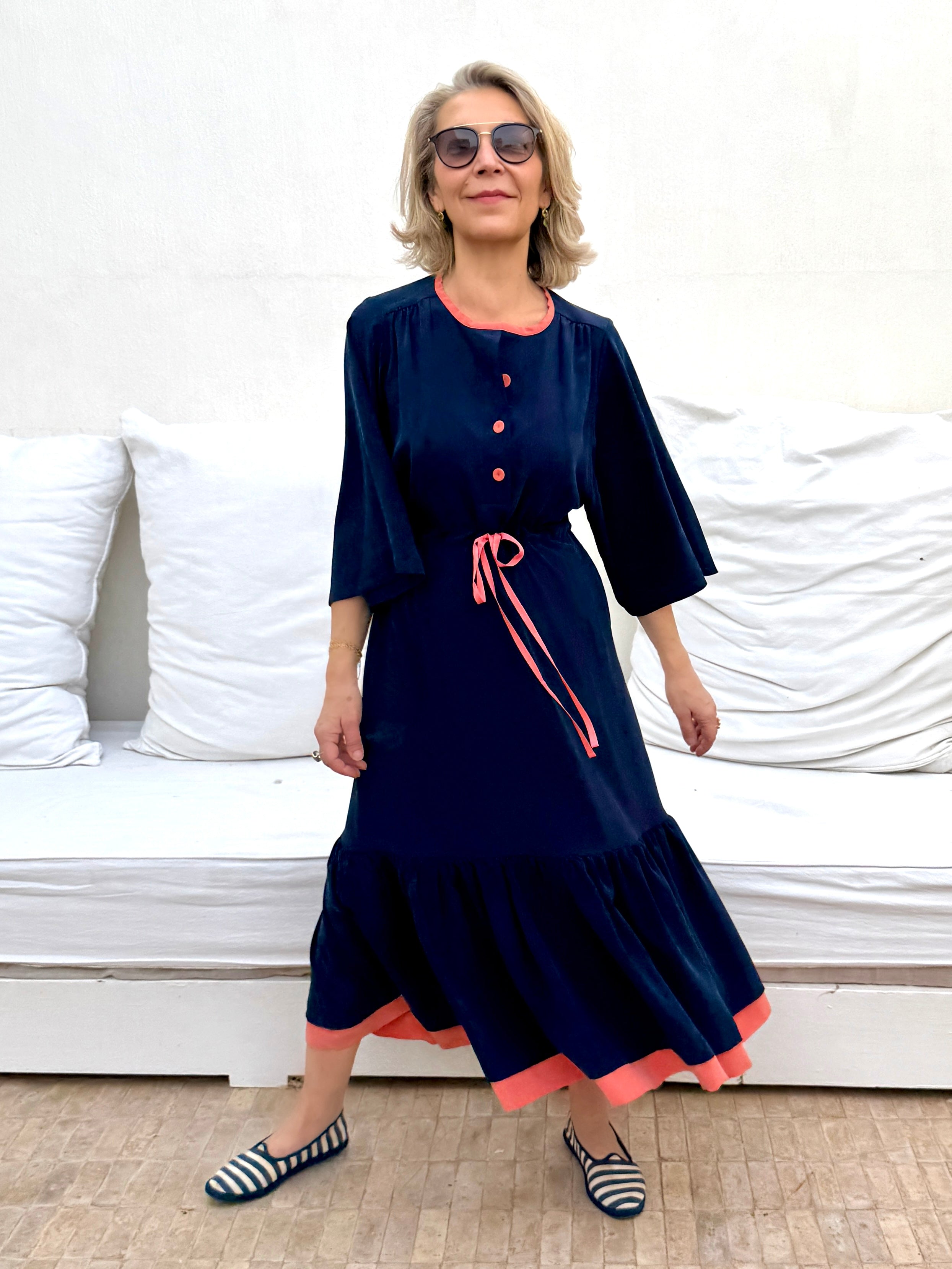 ELIZA DRAWSTRING WAIST DRESS - NAVY SILK CREPE - PINK STRING