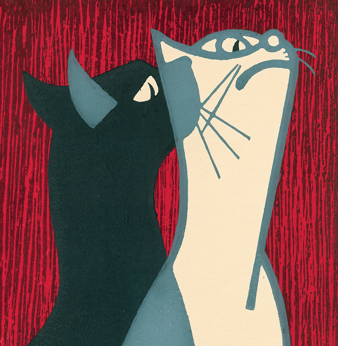 Saitō Kiyoshi: “Steady Gaze”. A black cat and a white cat are so
