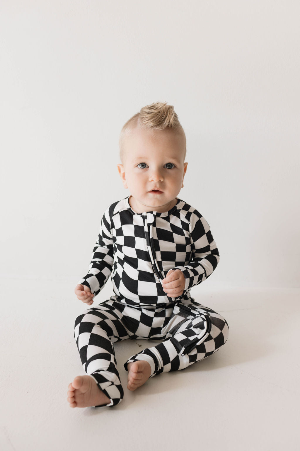 Bamboo Zip Pajamas | Black & White Wavy Checkerboard – forever