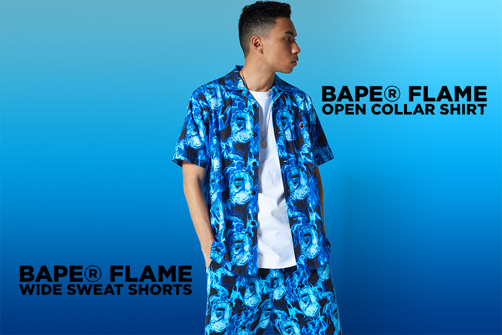 BAPE® FLAME OPEN COLLAR SHIRT / WIDE SWEAT SHORTS | bape.com