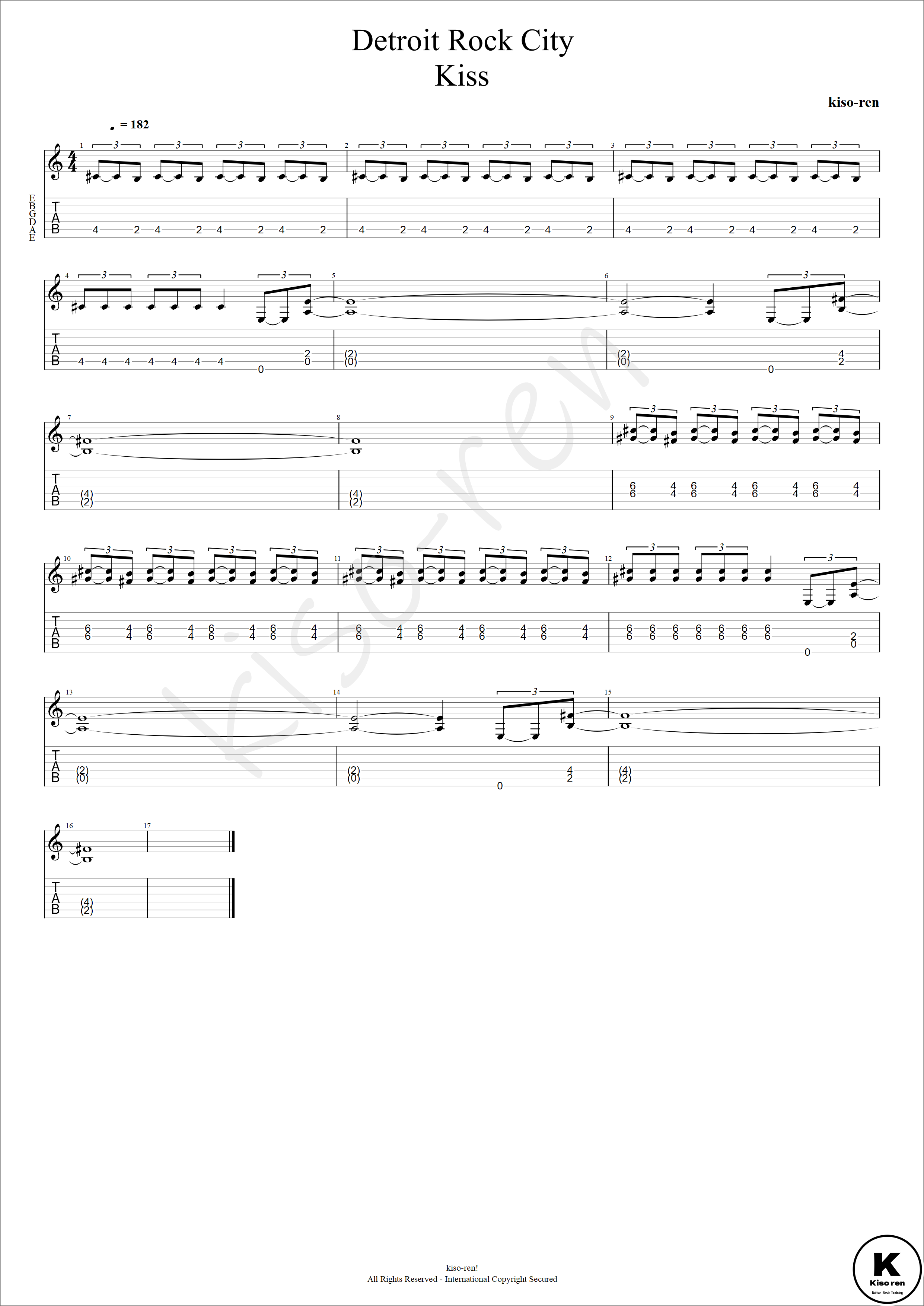 TAB】Detroit Rock City - KISS Guitar Intro Riff BPM50-182 キッス