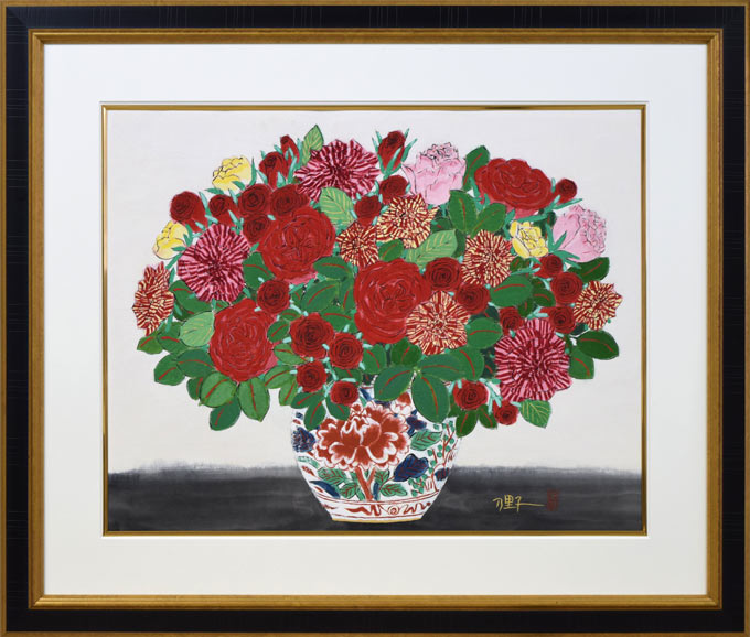 青木乃里子「薔薇」肉筆岩彩画・変形12号 絵画買取・販売の小竹美術