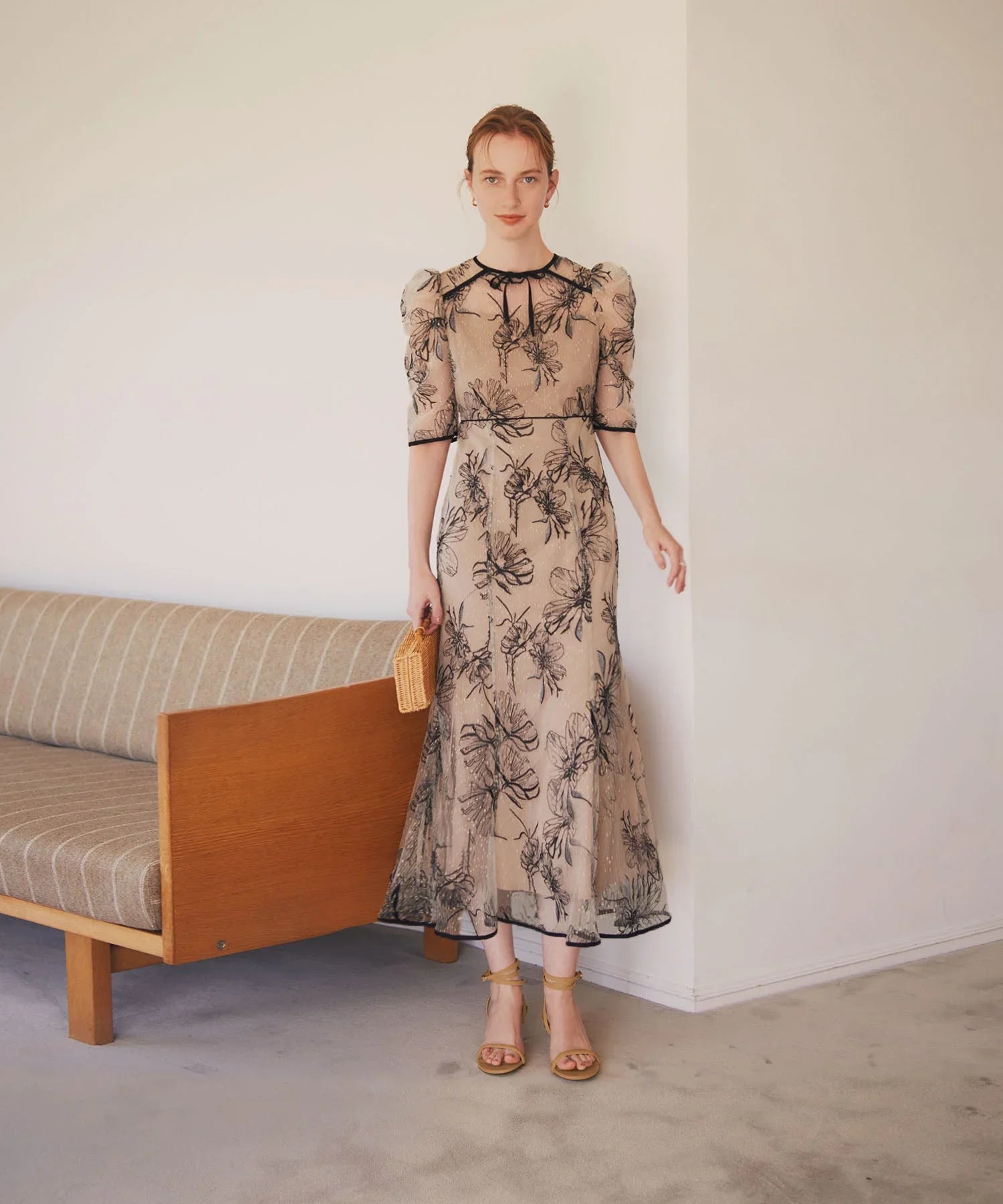 当日発送】花柄リボンパフスリーブマーメイドドレス/パーティードレス