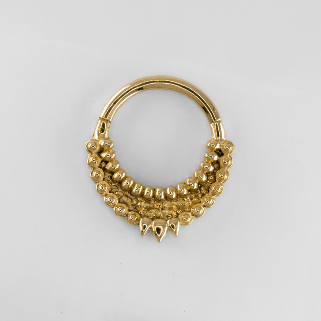 Large 18k yellow gold hammered ethnic piercing for daith or septum
