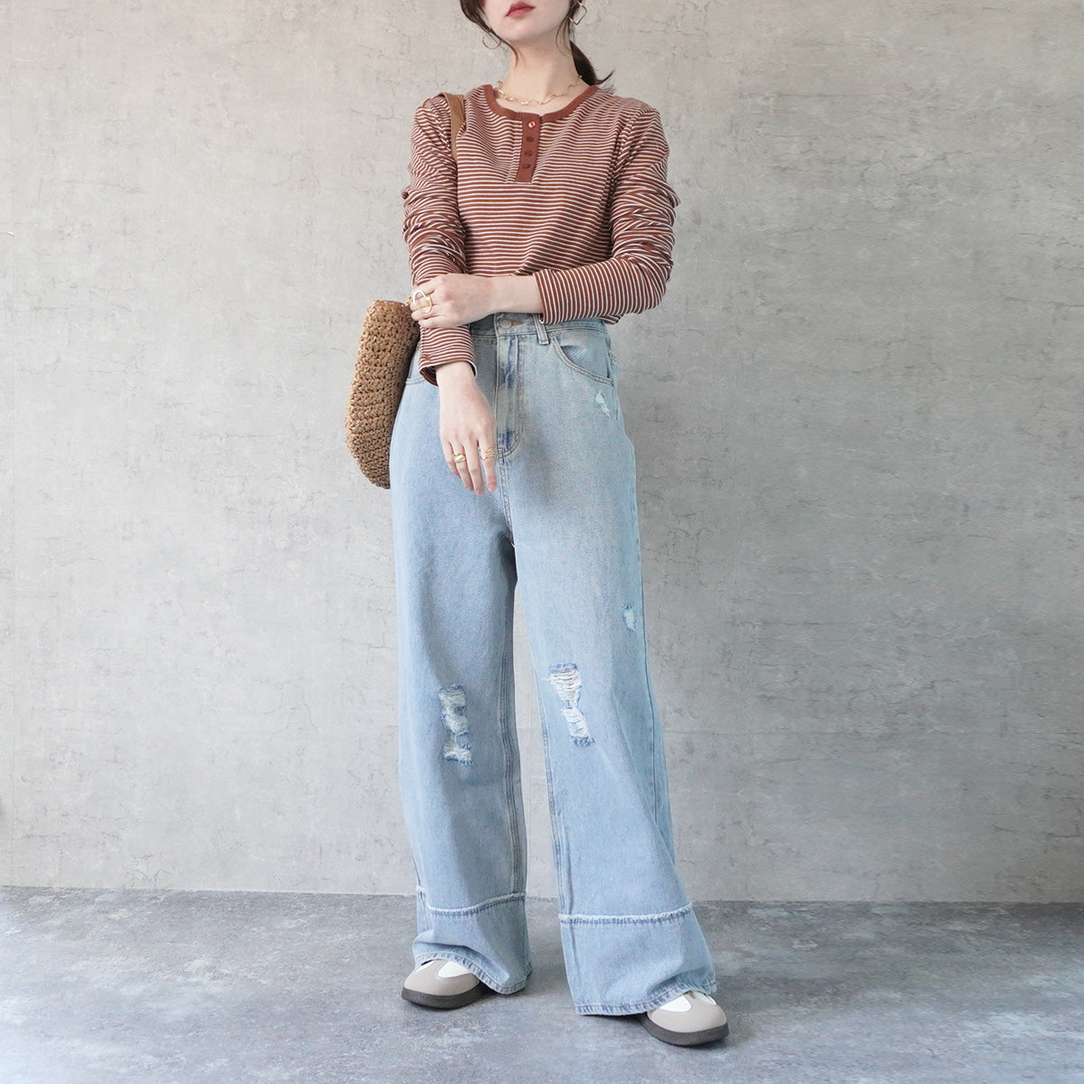 クラッシュダメージ加工リメイク風デニムワイドパンツ/ セレクト