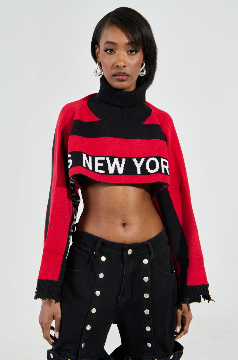 NEW YORK ULTRA CROP SWEATER IN RED MULTI – AKIRA