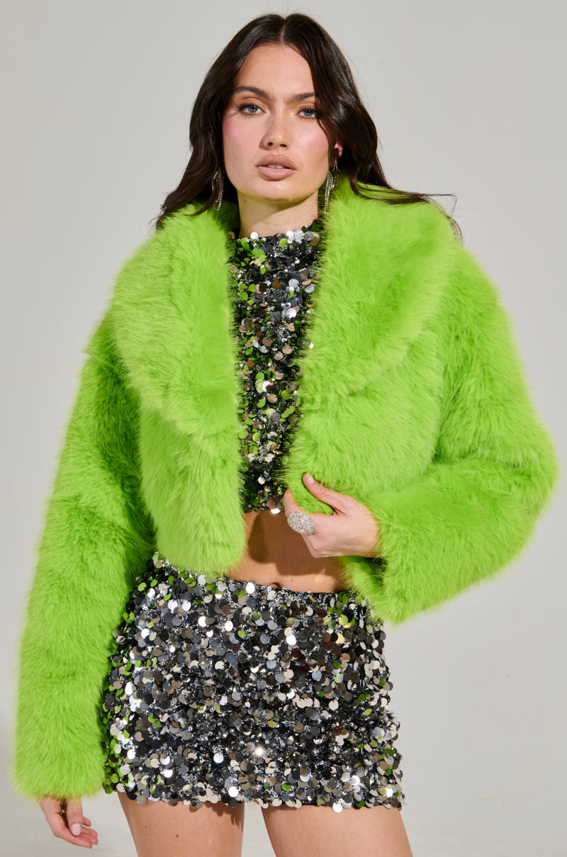 LIGHTS OUT CROPPED FAUX FUR JACKET IN LIME – AKIRA