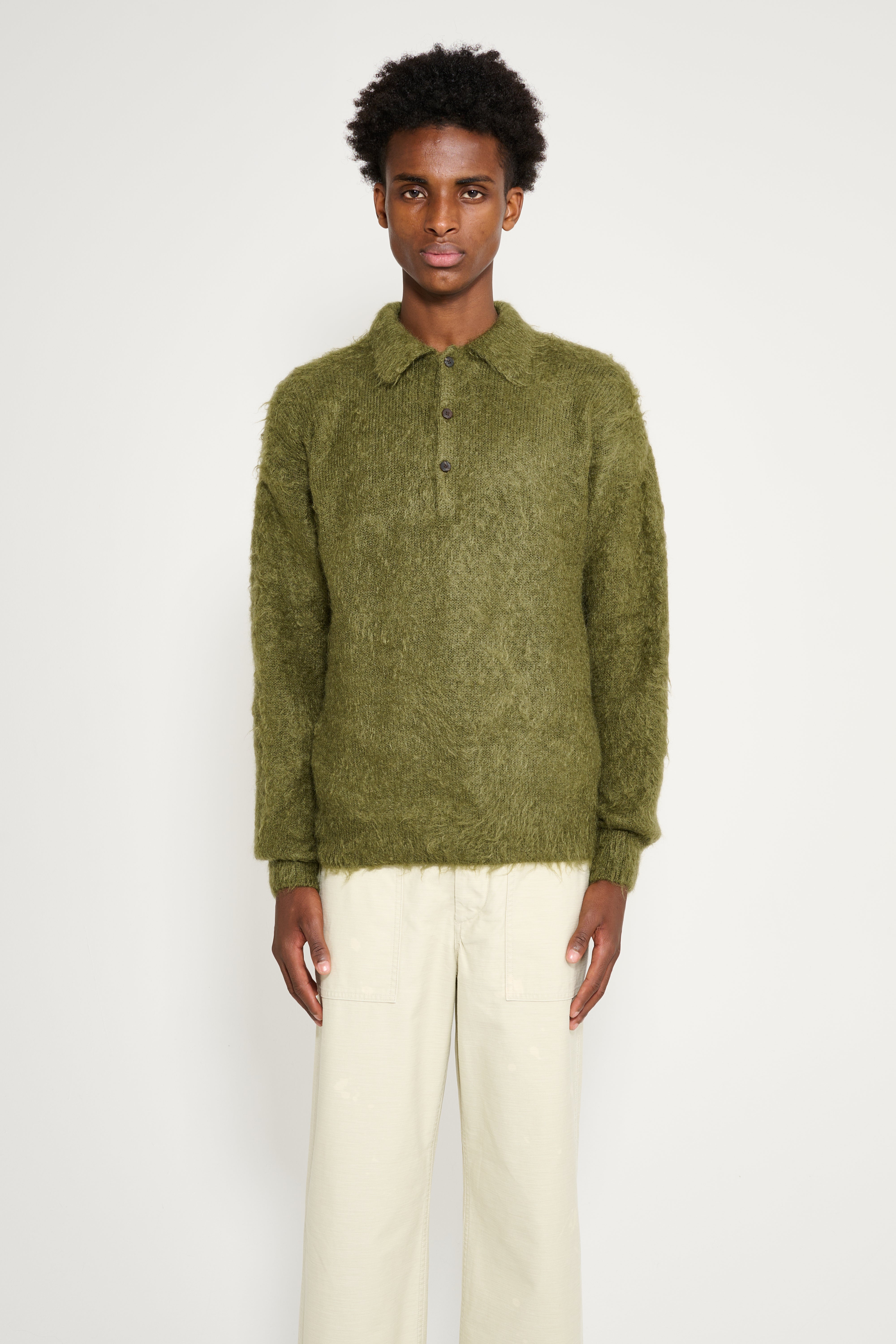 Auralee Brushed Super Kid Mohair Knit Polo Olive – Très Bien