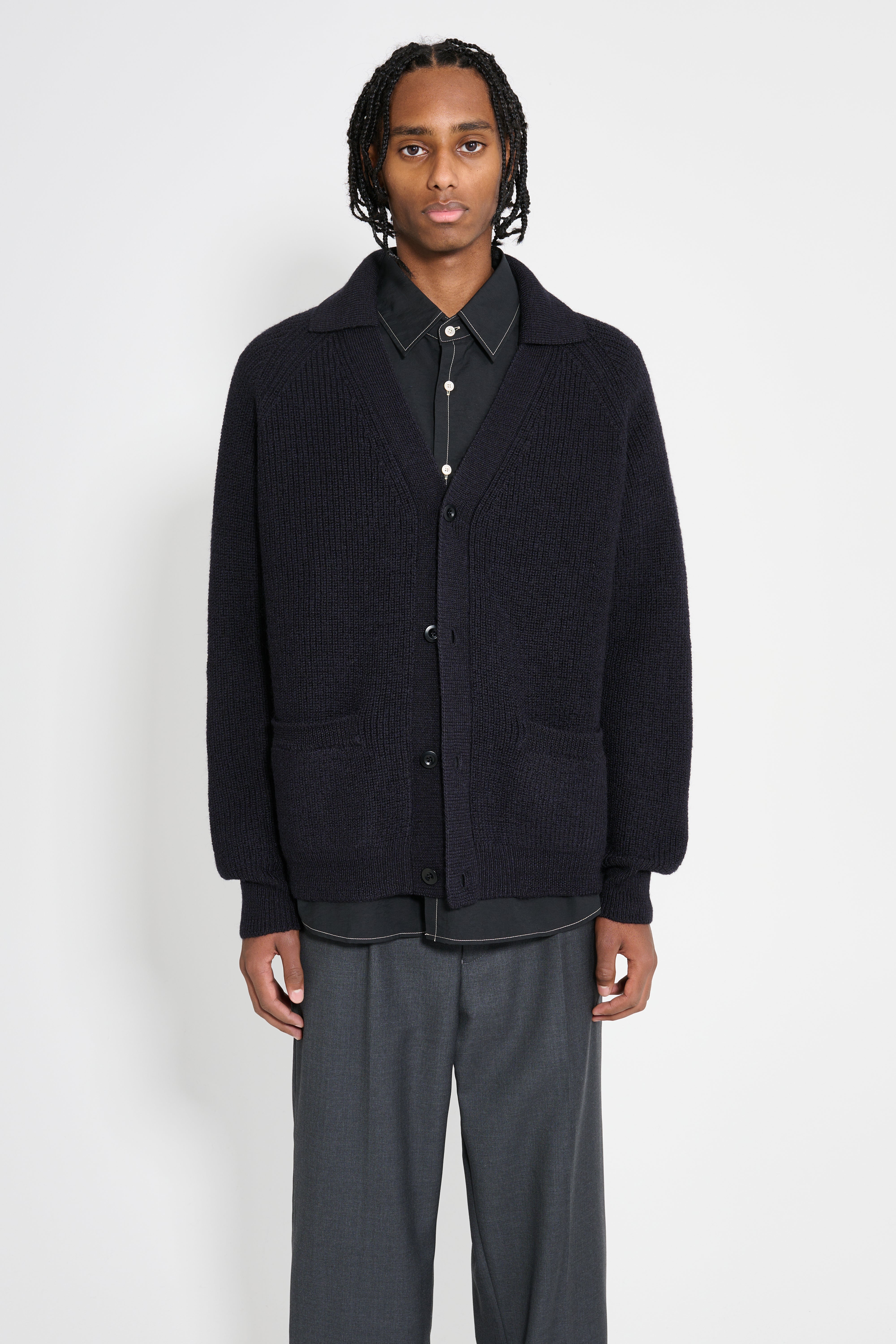 Margaret Howell MHL Collared Cardigan Virgin Wool Ink – Très Bien