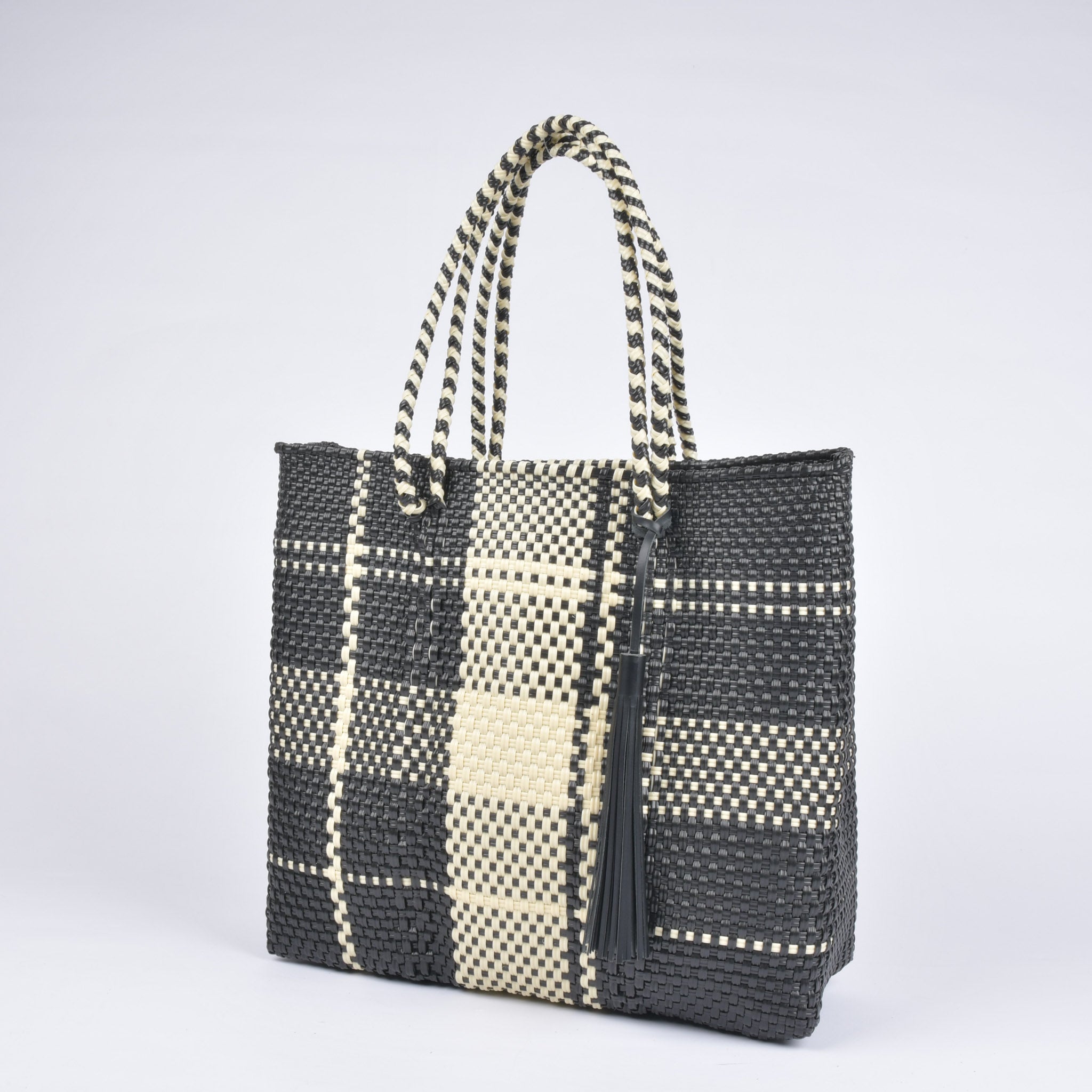 メルカドバッグ Lサイズ タータンチェック ブラック×クリーム