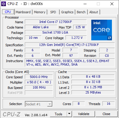 Intel Core i7 12700KF @ 5000 MHz - CPU-Z VALIDATOR
