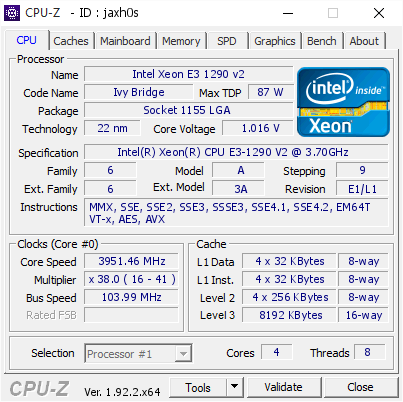 Intel Xeon E3 1290 v2 @ 3951.46 MHz - CPU-Z VALIDATOR