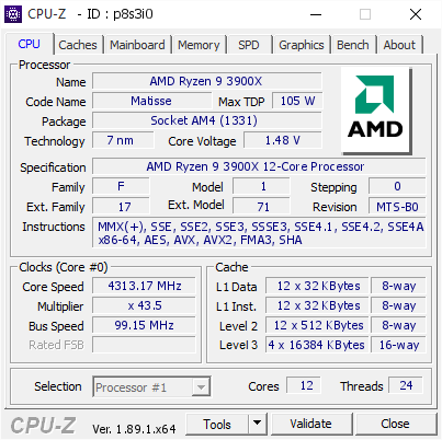 AMD Ryzen 9 3900X @ 4313.17 MHz - CPU-Z VALIDATOR