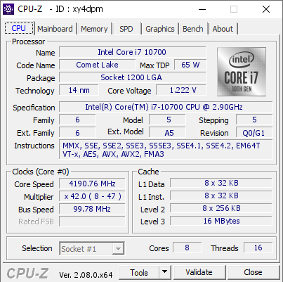 Intel Core i7 10700 @ 4190.76 MHz - CPU-Z VALIDATOR