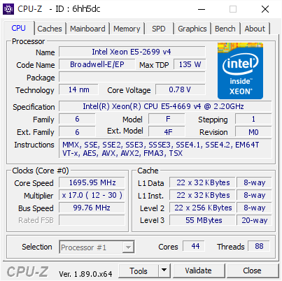 Intel Xeon E5-2699 v4 @ 1695.95 MHz - CPU-Z VALIDATOR