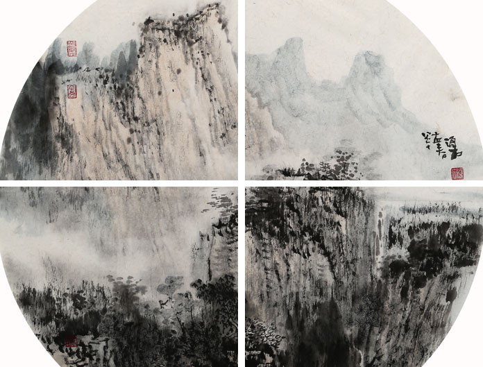 当代水墨漫画名家强春云扇画《巍巍山岳》 - 写意山水画- 99字画网