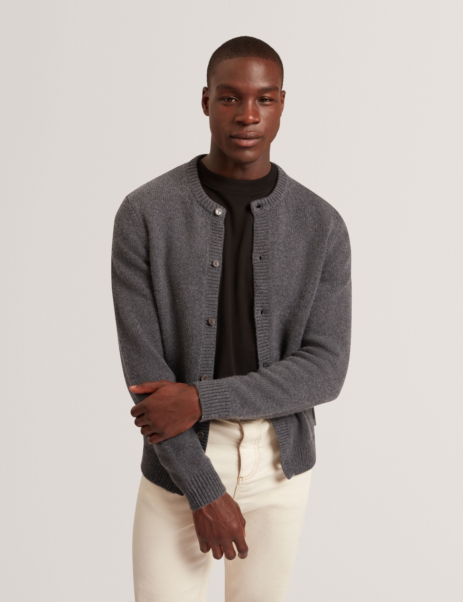 Charcoal Wool Knit Crew Neck Cardigan | Helion | Ted Baker UK