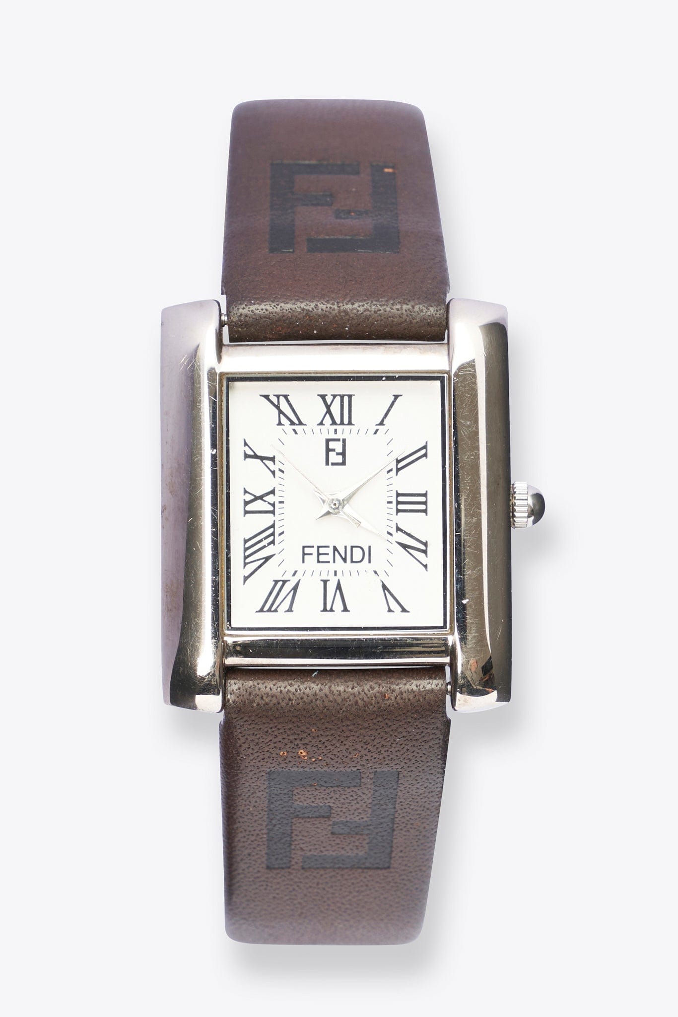 Vintage Fendi Silver Plated Watch with Brown and Black Leather