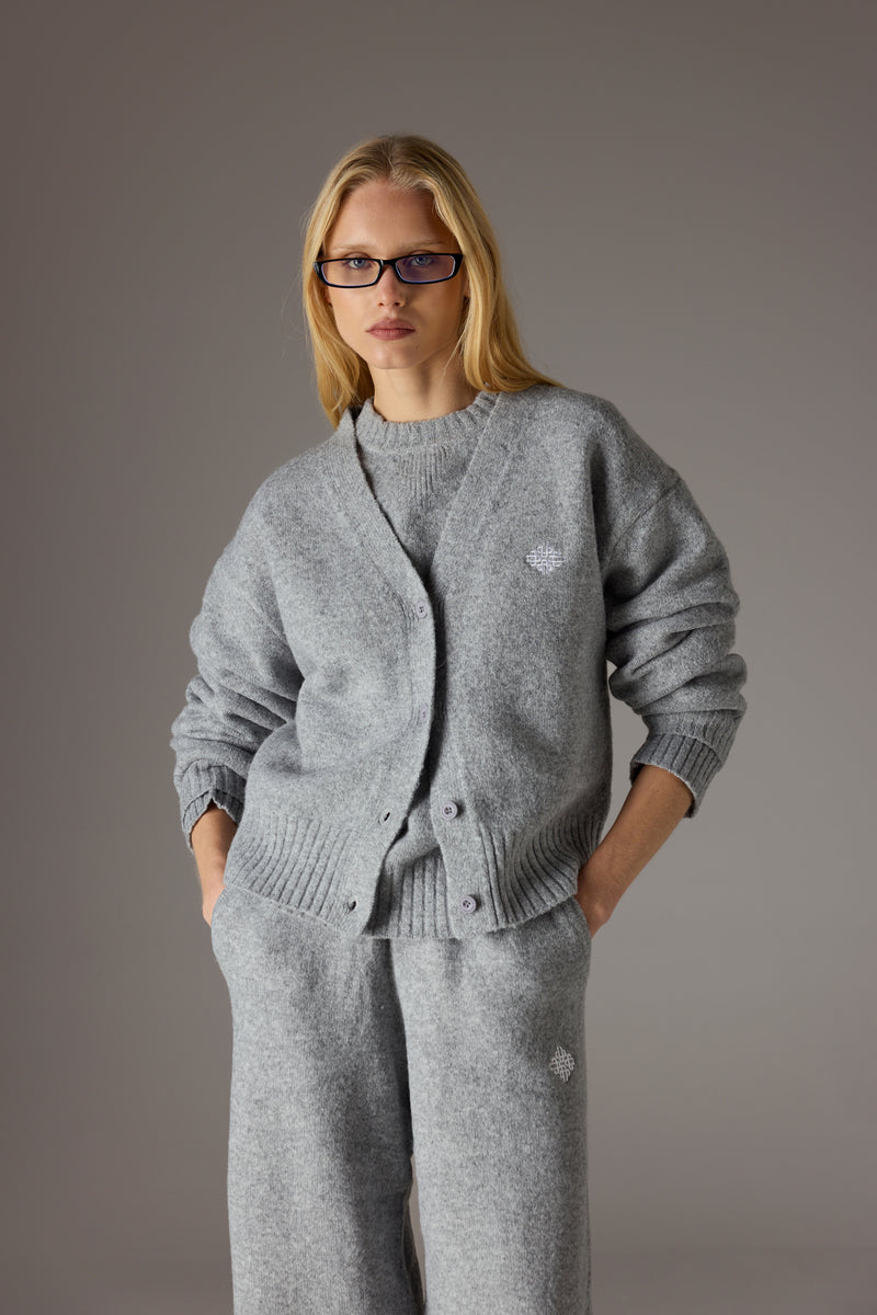 FLUFFY KNIT EMBLEM EMBROIDERED CARDIGAN - GREY MARL – The Couture Club