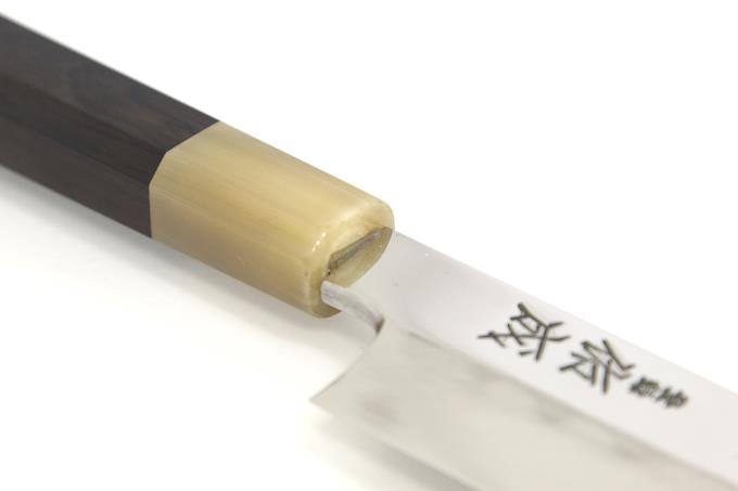 柳刃包丁 尺一 本焼 純日本鋼 鏡面 白水牛黒檀八角柄 白鞘・箱付