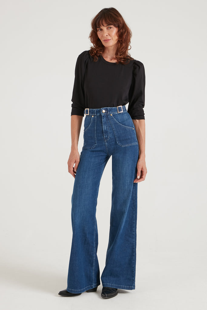 Minnie The Full Length Wide Leg Flared Jeans | Mid Wash – Donna Ida