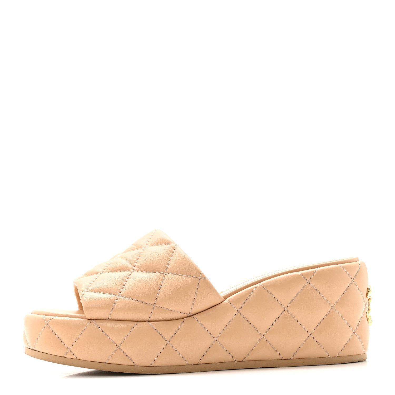 Chanel Lambskin Quilted Camelia CC Wedge Sandal Mules 37 Beige