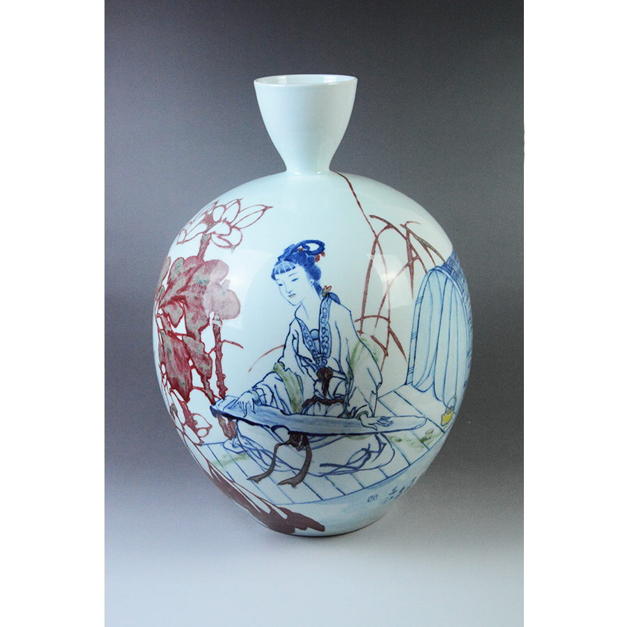 中国，景德镇，青白釉風景画花瓶 中国，景德镇，青白釉風景画花瓶