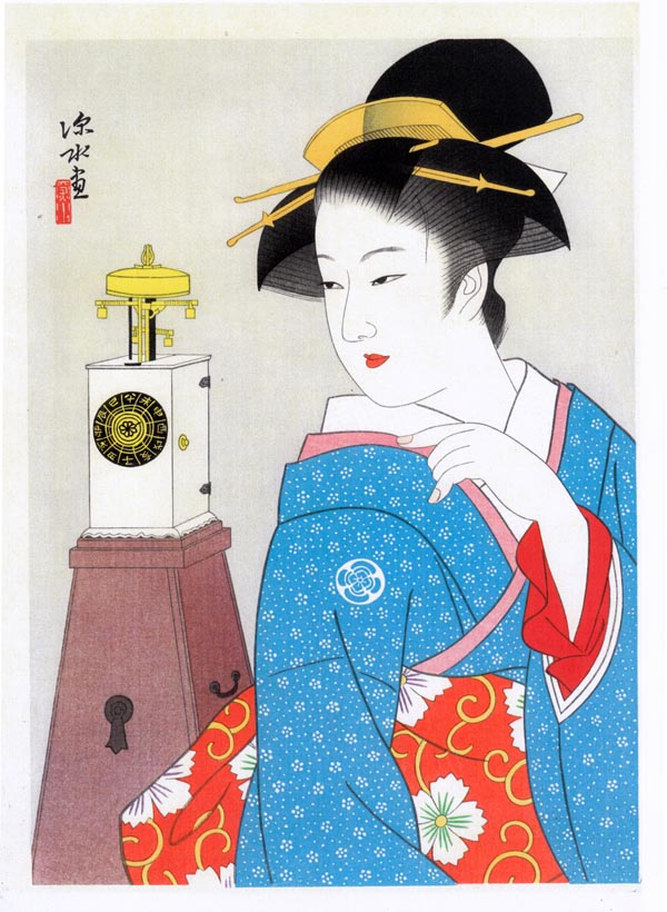 美人と櫓時計 - 伊東深水筆（木版画）