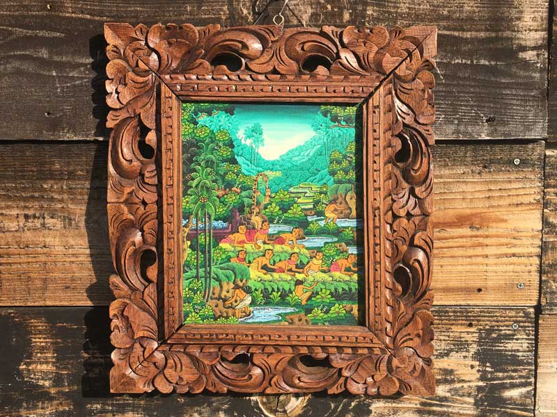 バリ島 ウブドのアクリル絵画 木製フレーム ハンドペイントアート