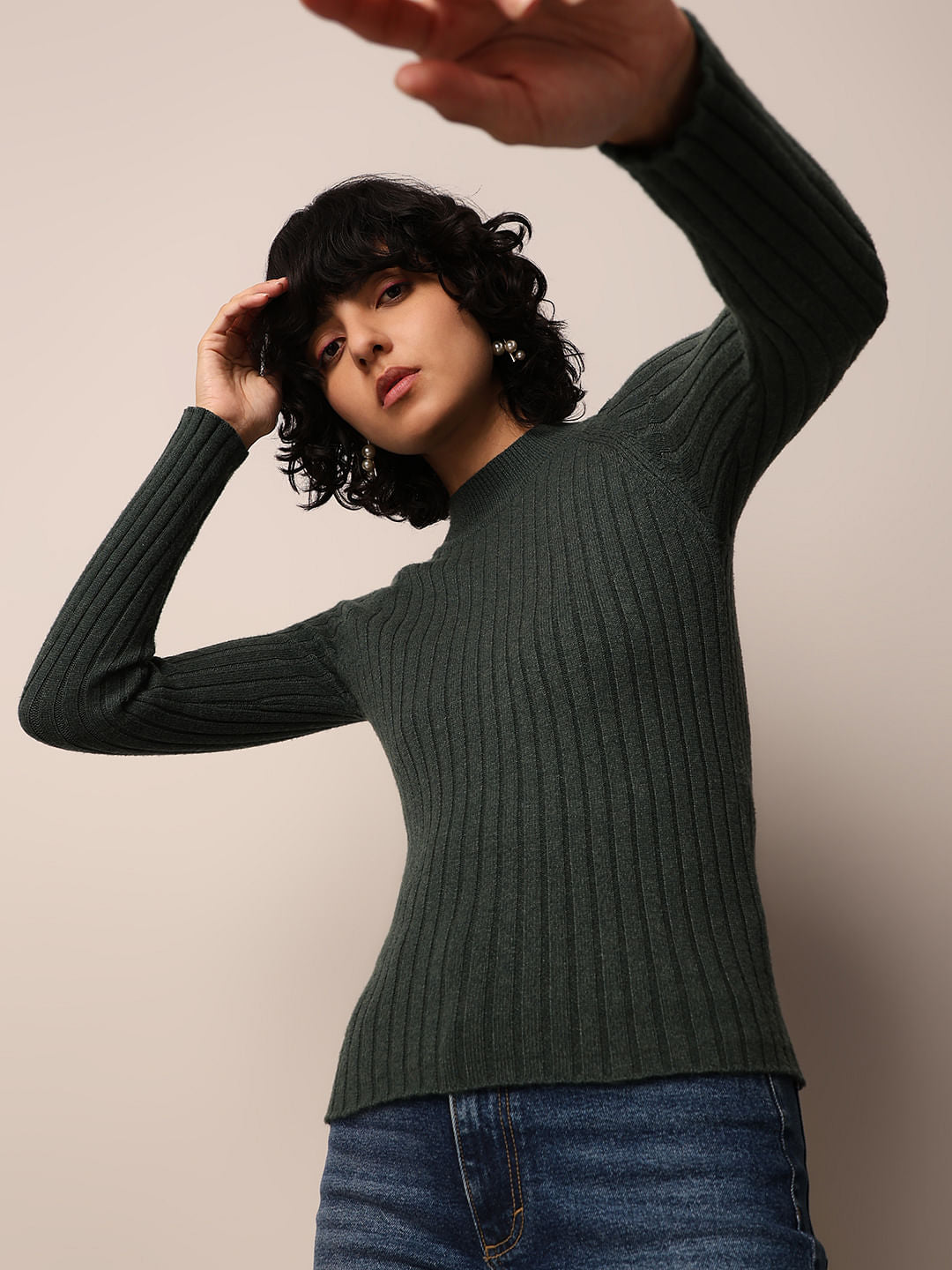 Dark Green Rib-Knit Turtleneck Pullover