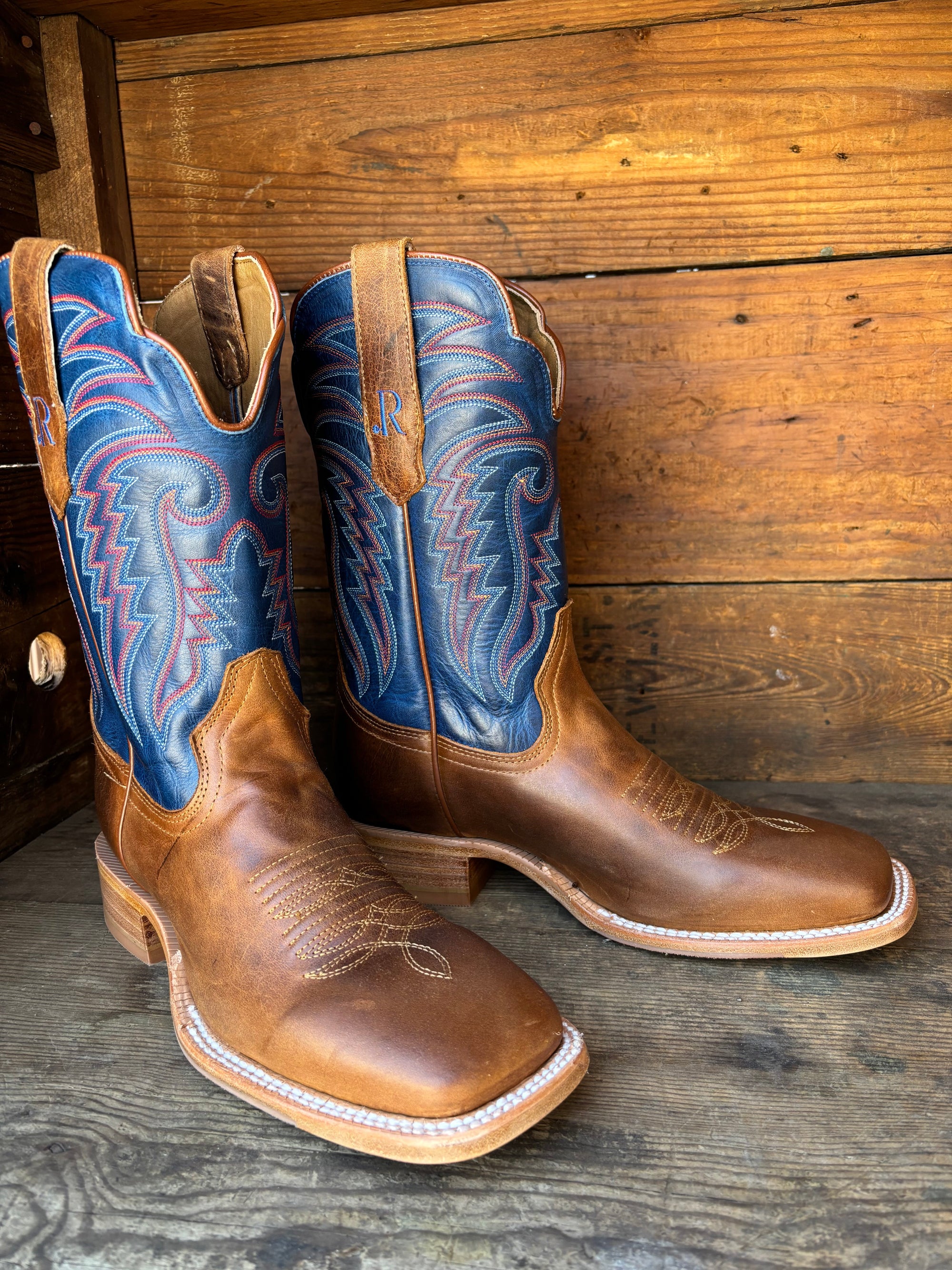 R. Watson Men's Honey Brown & Electric Blue Square Toe Cowboy