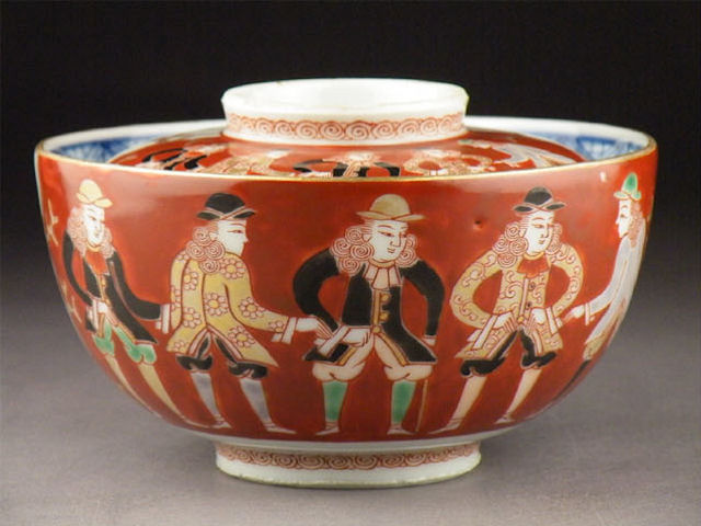 華 祥 大聖寺伊万里 紅毛人南蛮船図蓋茶碗