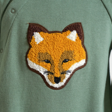 きつねワッペン裏毛ロンパース モスグリーン 80cm / ギフト包装不可