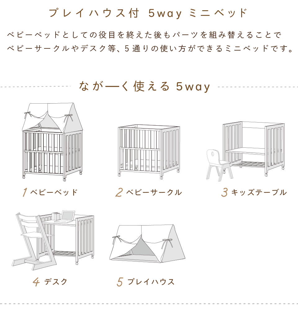 プレイハウス付き 5wayミニベッド&デスク/ ベビーベッド 日本製