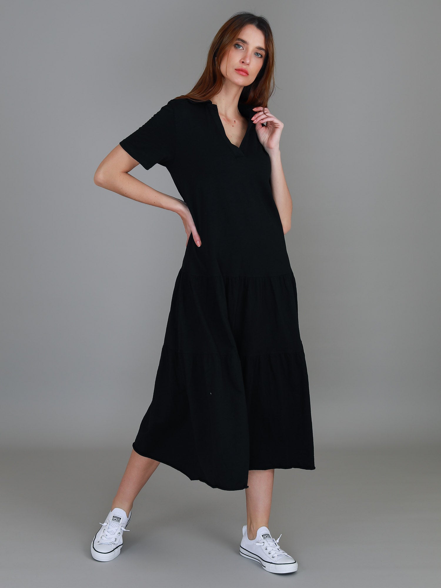 Tricia Polo Dress – Cotton Midi Dress in Espresso, Black & Green