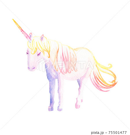水彩画＞静かにたたずむ神秘的なユニコーンの手描きイラストのイラスト