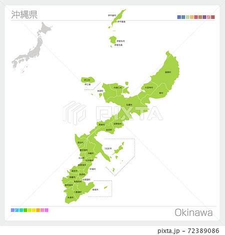 沖縄県の地図・Okinawa・市町村名（市町村・区分け）のイラスト素材