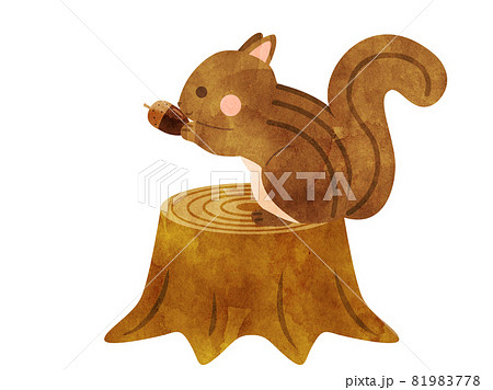 切り株にのりドングリを食べているリスのイラスト(水彩風に加工)の
