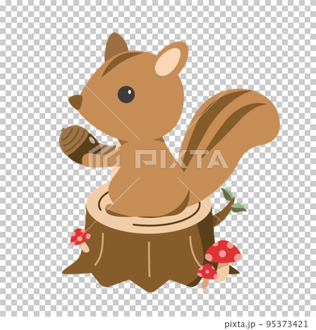 切り株の上に座るドングリを持ったリスのイラスト素材 [95373421] - PIXTA