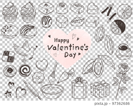 オシャレなバレンタインセット手描きのイラスト素材 [97362686] - PIXTA