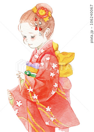 赤い着物の女の子の水彩イラストのイラスト素材 [106240067] - PIXTA