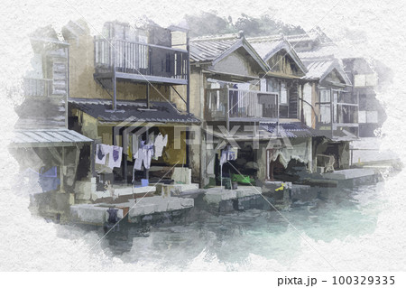 水彩画風 伊根 伊根の舟屋 京都府与謝郡伊根町のイラスト素材