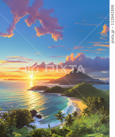 高台から見る南の島の夕日のビーチのイラストのイラスト素材