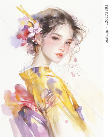 浴衣を着た女性の水彩画 AI画像のイラスト素材 [120172893] - PIXTA